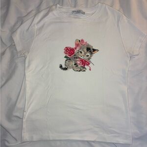 Stradivarius Cream Short Sleeve Graphic Kitten Top